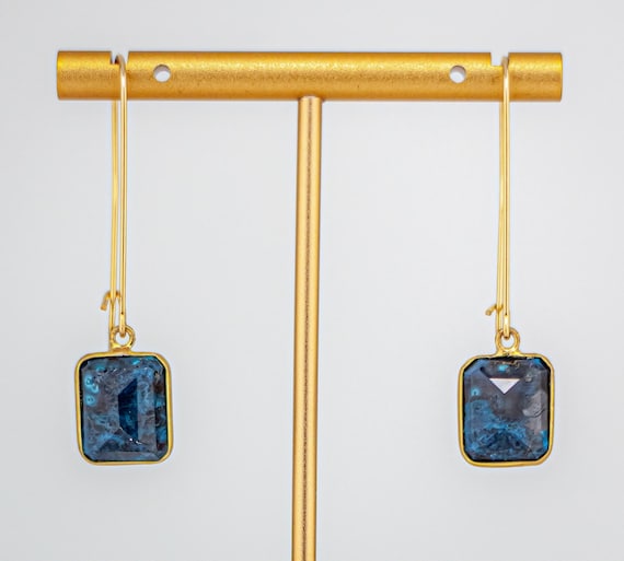 Long Boho Luxe Gold Dangle Earrings with Marbled Chrysocolla - Blue Gemstone Statement Jewelry
