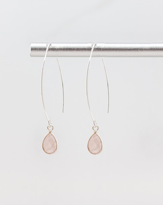 Rose Quartz Drop Earrings: Minimalist Silver Fishhook Style, Dainty Everyday Pale Pink Gemstone Jewelry