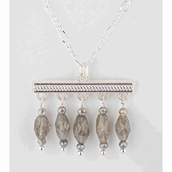 Mystic Labradorite Charm Necklace: Multi-Drop Silver Figaro Chain, Beaded Boho Chic Grey Gemstone Jewelry