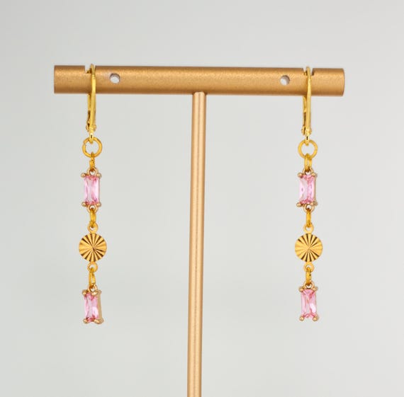 Pink Crystal Drop Earrings: Dainty Vintage Style, Everyday Gold Jewelry