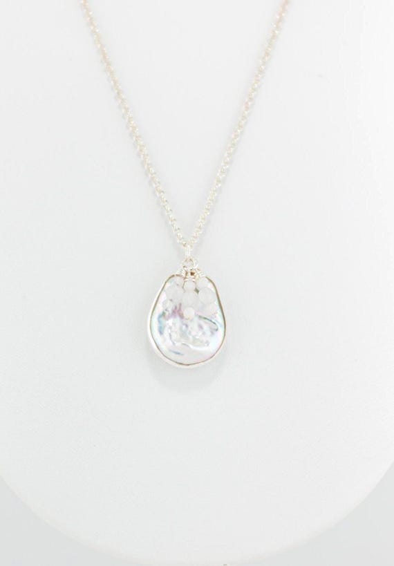 Baroque Pearl Moonstone Necklace: Beaded Boho Jewelry, Dainty Silver Chain with White Gemstone Pendant