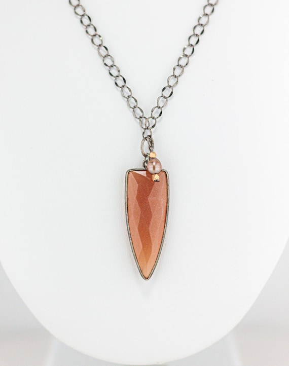 Peach Moonstone & Pearl Pendant Necklace: Bold Style Boho Statement Jewelry, Modern Geometric Jewelry