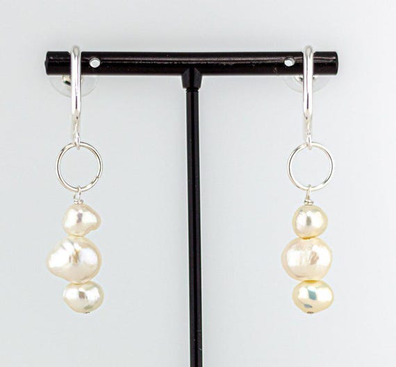 White Freshwater Pearl Drop Earrings: Boho Chic Geometric Silver Dangles, Square Gemstone Jewelry
