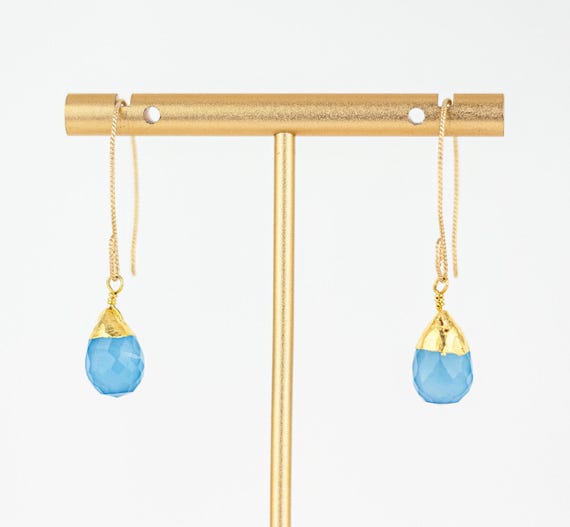 Aqua Santorini Blue Chalcedony Drop Earrings: Dainty Chic Boho Luxe Gold Dangles