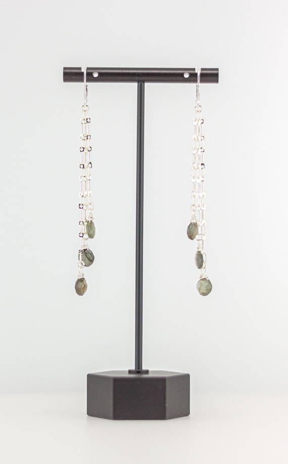 Labradorite Drop Earrings: Dangling Silver Chandelier Style, Grey & Brown Gemstone Jewelry for Everyday Wear