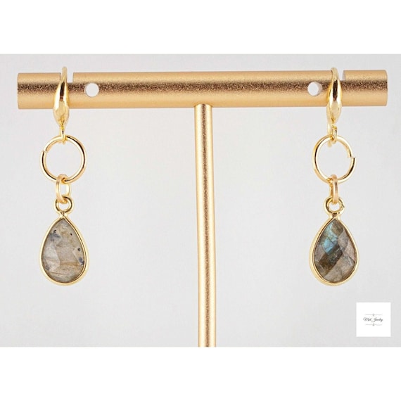 Dainty Labradorite Drop Earrings: Boho Chic Style Gemstone Dangles, Everyday Gold Jewelry