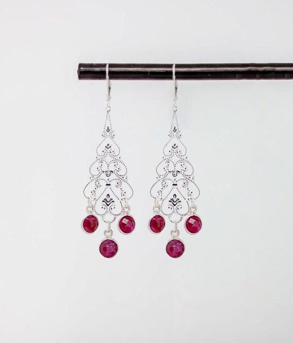 Silver Filigree Earrings: Boho Luxe Beaded Chandelier Style Pink Quartz Statement Jewelry