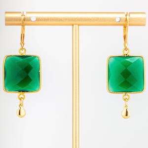 Emerald Green Chalcedony Earrings: Square Shaped Gold Drops, Vintage Style