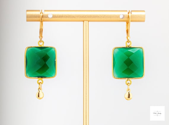 Emerald Green Chalcedony Earrings: Square Shaped Gold Drops, Vintage Style