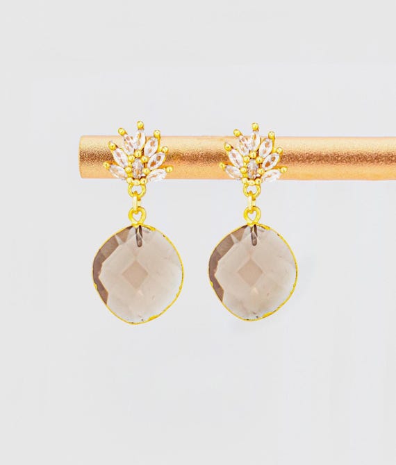 Smokey Quartz Drop Earrings: Dainty Brown Gold Gemstone Jewelry, Vintage Style Cubic Zirconia Studs