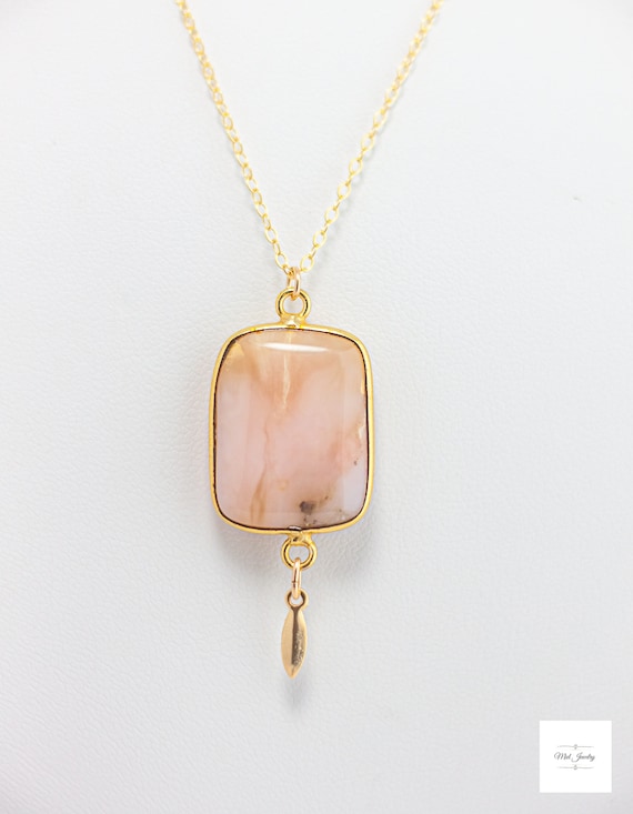 Pink Peruvian Opal Necklace: Earthy Boho Chic Style Gemstone Statement jewelry, 14K Gold-Filled Chain