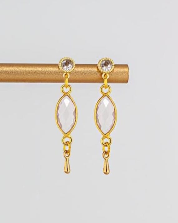 Dainty Pale Pink Rose Quartz Earrings: Gold Vintage Style Jewelry for Date Night Evening Dress