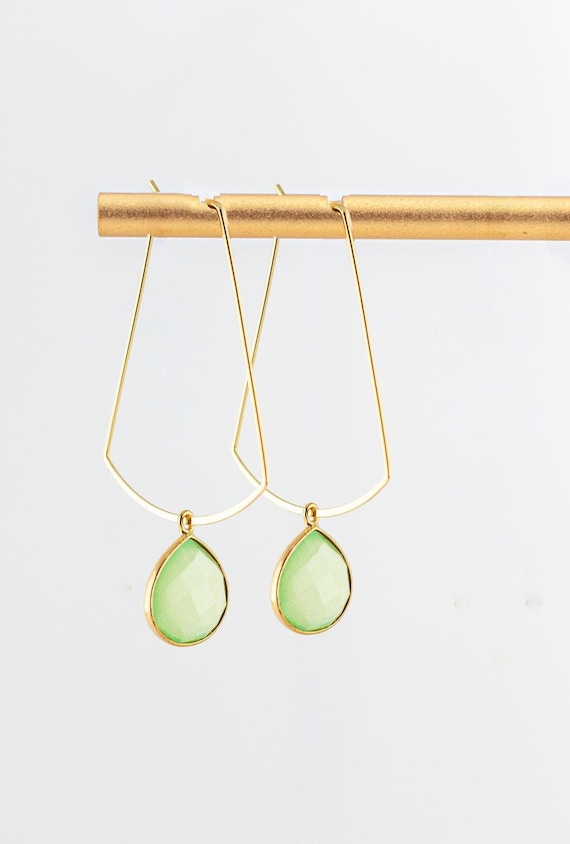 Green Chalcedony Gold Hoop Earrings: Geometric Green Statement Jewelry