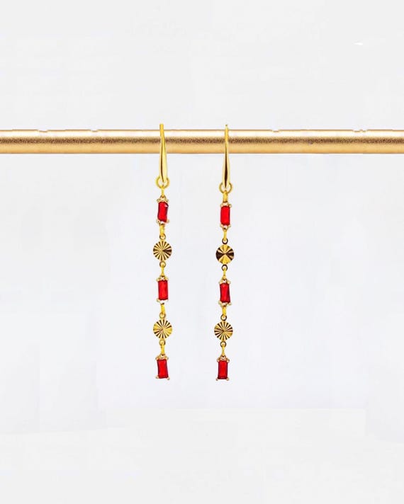 Long Gold Dangle Earrings: Vintage Style Geometric Drops, Red Glass Jewelry for Everyday Accessories