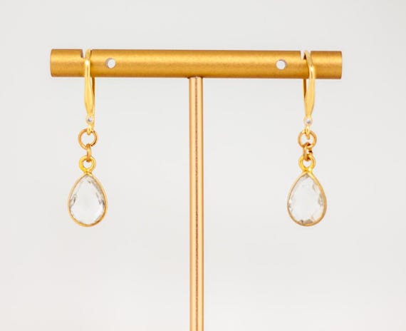 Clear Quartz Crystal Earrings: Dainty Gold Drop Earrings with CZ Stone Accents