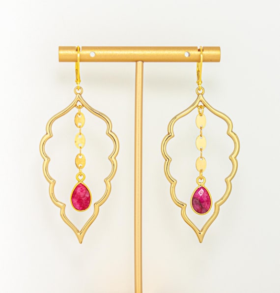 Bold Ruby Dangle Earrings: Pink & Gold Boho Statement Earrings