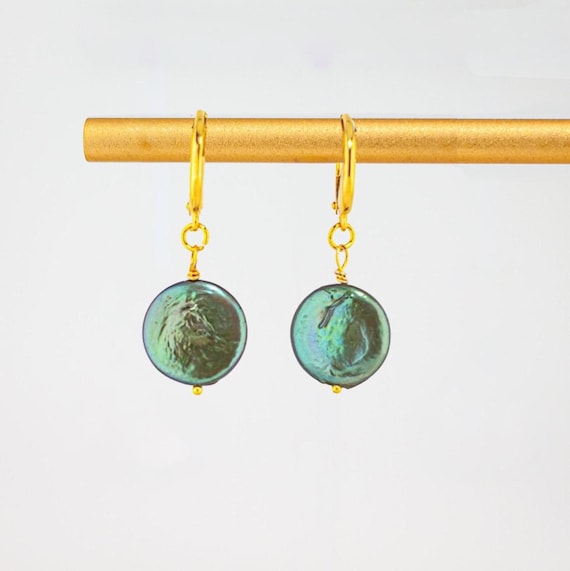 Emerald Green Pearl Drop Earrings: Dainty Boho Chic Gold Gemstone Jewelry