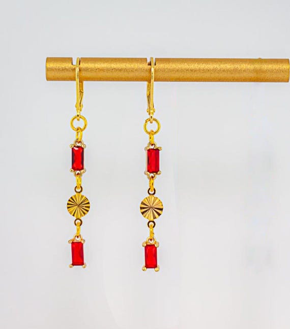Dainty Gold Drop Earrings: Dainty Vintage Style Bright Red Glass Jewelry for Everyday Accessories