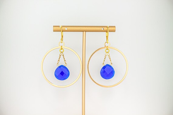 Cobalt Blue Chalcedony Hoop Earrings: Boho Gold Dangle Statement Jewelry