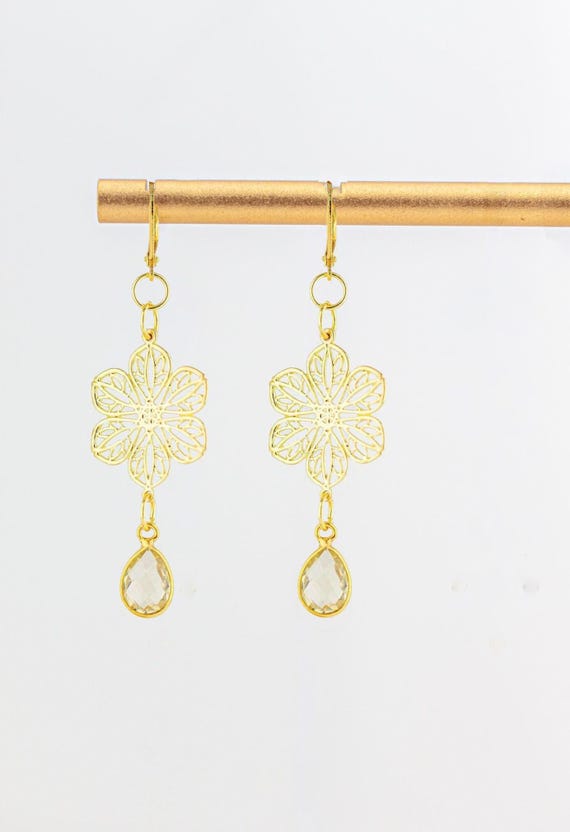 Gold Filigree Earrings: Boho Luxe Chandelier Style Yellow Quartz Gemstone Jewelry