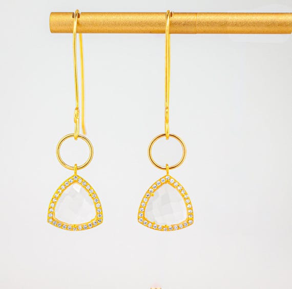 Quartz Crystal Dangle Earrings: Chic Bohemian Gold Statement Earrings with Cubic Zirconia Stones