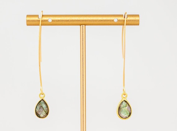 Labradorite Drop Earrings: Minimalist Gold Fishhook Style, Boho Chic Everyday Jewelry