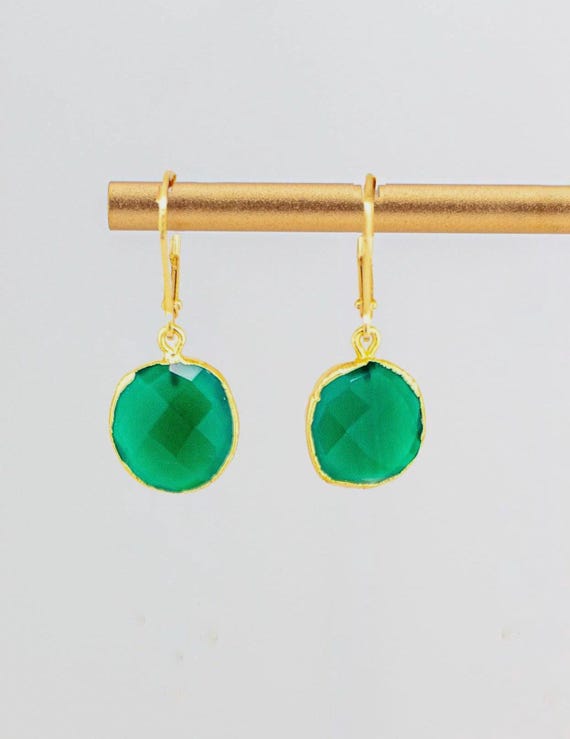 Emerald Green Onyx Drop Earrings: Dainty Boho Chic Gold Jewelry for Everyday