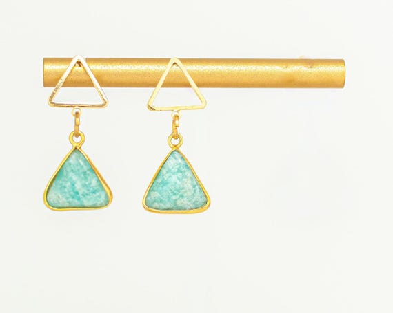 Boho Chic Amazonite Earrings: Triangle Gemstone with Geometric Gold Accents, Ocean Inspired Everyday Jewelry