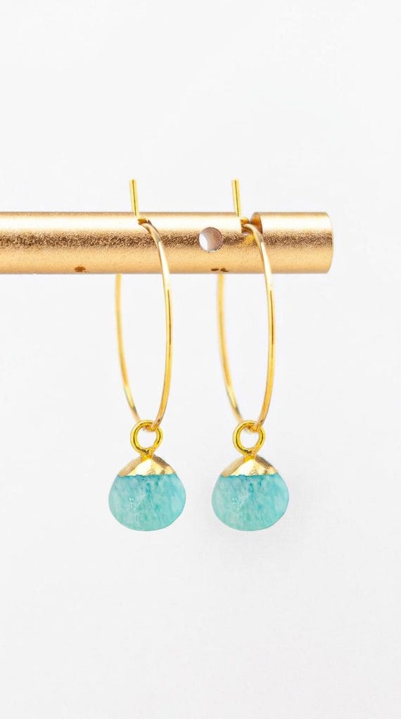 Dainty Gold Hoop Earrings: Boho Chic Amazonite Jewelry, Stainless Steel Earrings