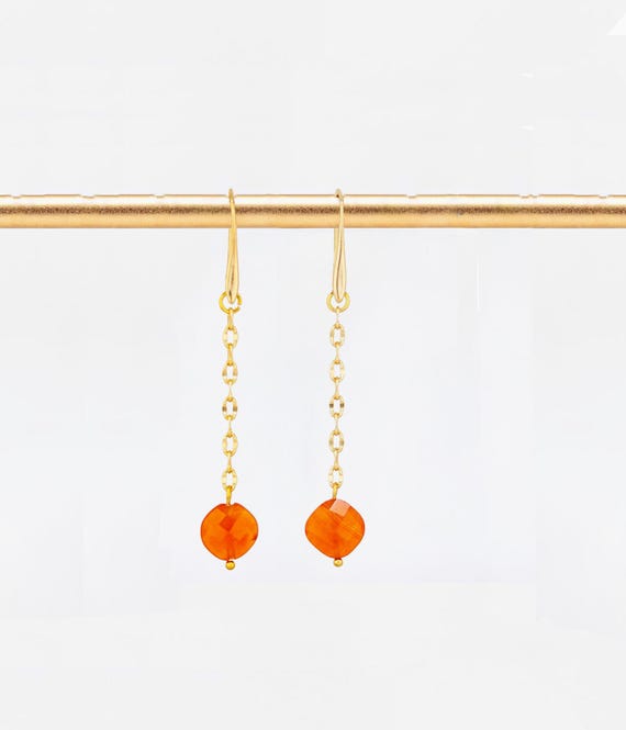 Boho Chic Carnelian Drop Earrings: Minimalist Gold Fishhook Style, Dainty Orange Gemstone Jewelry