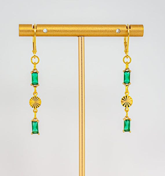 Dainty Gold Drop Earrings: Dainty Vintage Style Kelly Emerald Green GlassJewelry for Everyday Accessories
