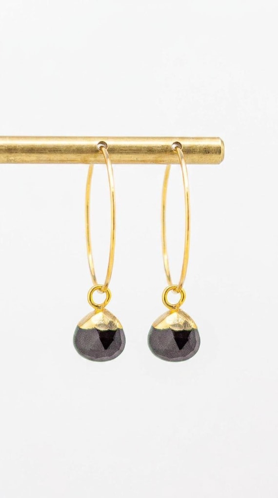Dainty Gold Hoop Earrings: Boho Chic Black Onyx Jewelry, Stainless Steel Earrings