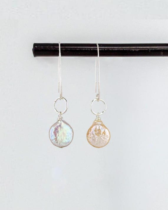Peach Pearl Drop Earrings: Dainty Silver Fishook Style, Beach and Boho Wedding Shell Jewelry