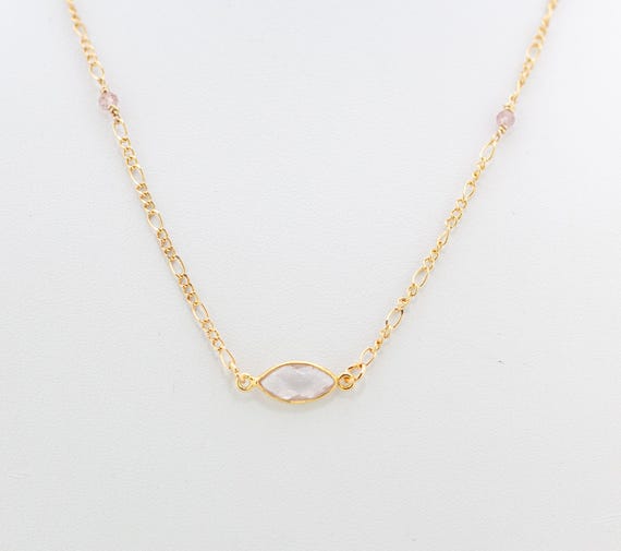 Pale Pink Rose Quartz Necklace & Strawberry Quartz Gemstone Beads: Dainty Gold Vintage Style Wedding Jewelry