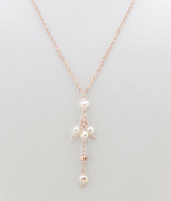 Dainty Pearl Rose Gold Bridal Necklace, Boho Wedding Jewelry, Vintage Style Pearl Necklace, Rustic Meadow Bride, Bridesmaid Jewelry