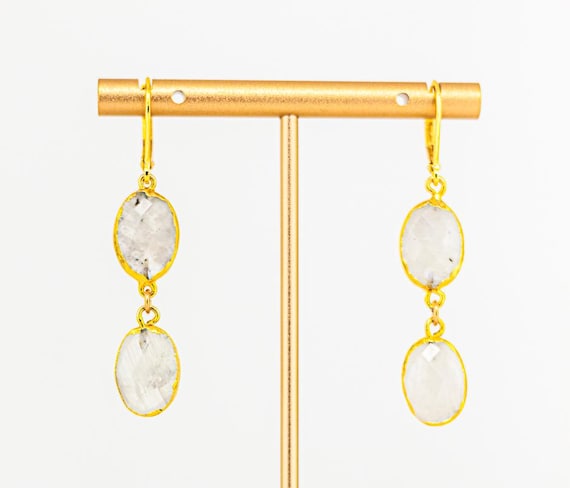 Rainbow Moonstone Drop Earrings: Boho Chic Gold Dangle Earrings with White Gemstones