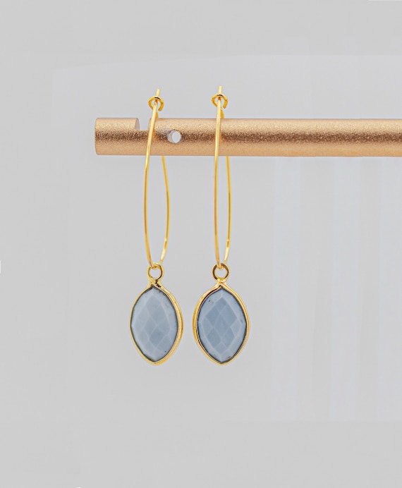Dainty Gold Hoop Earrings: Minimalist Boho Chic Style Dusty Blue Peruvian Opal Jewelry