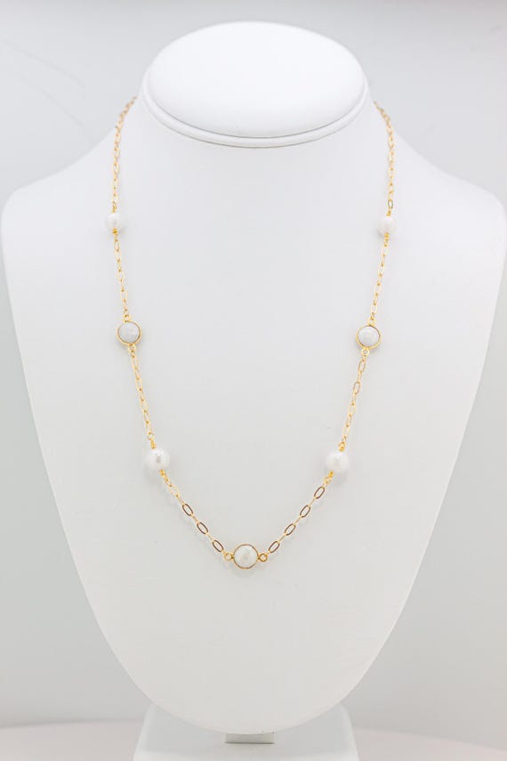 Beaded Mystic Quartz Gold Statement Necklace - Shimmering White Gemstone Layering Necklace