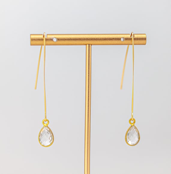 Clear Quartz Drop Earrings: Minimalist Gold Fishhook Style, Dainty Everyday Gemstone Jewelry
