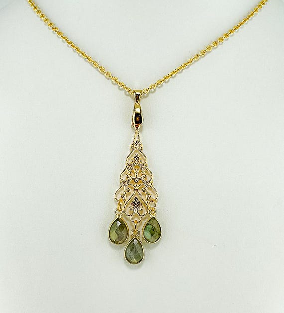 Gold Filigree Labradorite Necklace: Teardrop Gemstone Chandelier Style