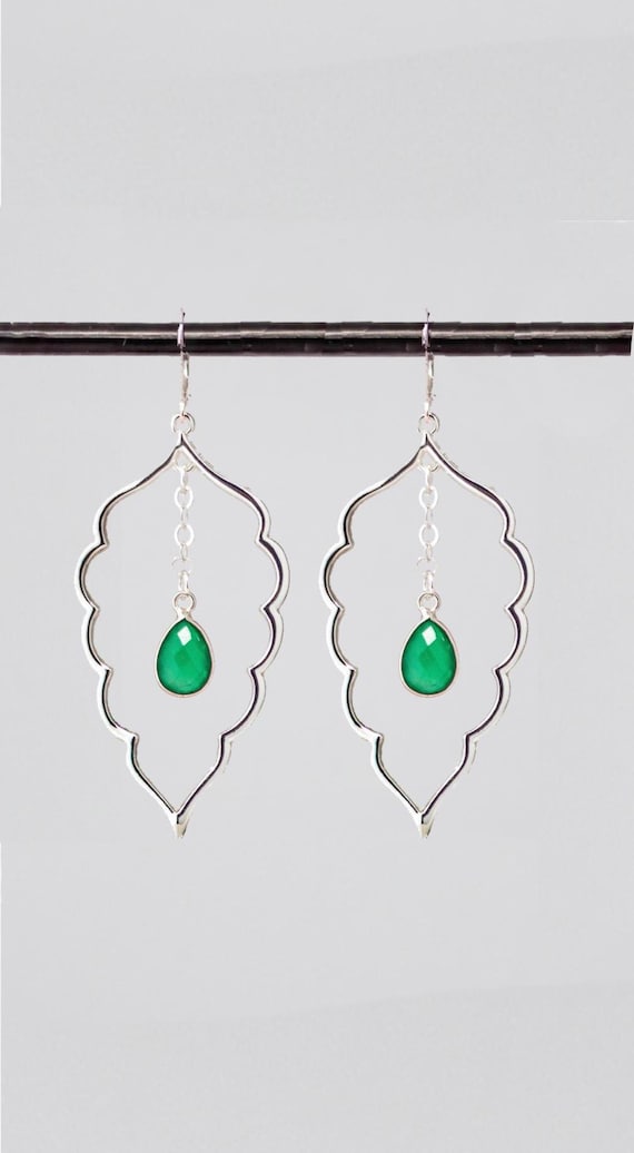 Green Onyx Dangle Earrings: Bold Boho Chic Geometric Silver Statement Jewelry