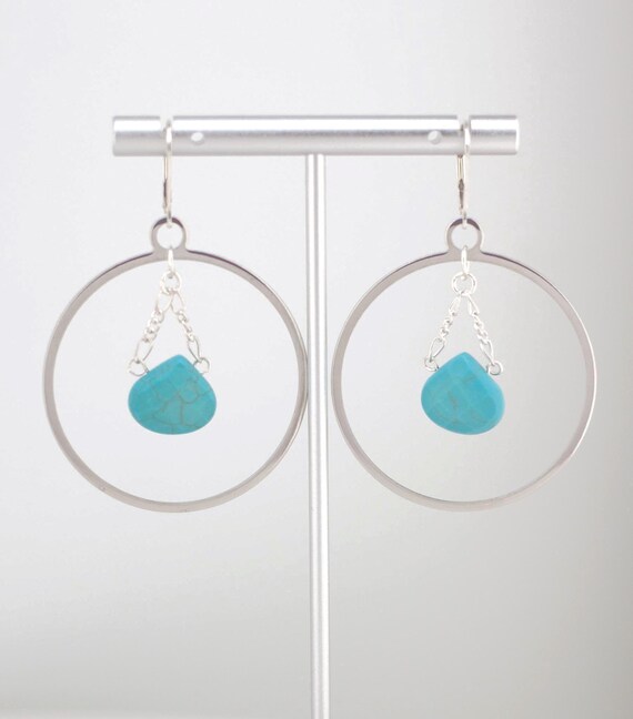 Turquoise Howlite Silver Hoop Earrings: Boho Chic Gemstone Statement Jewelry