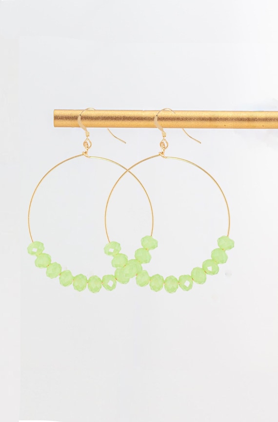 Big Beaded Gold Hoop Earrings: Lime Green Glass Jewelry, Boho Chic Style