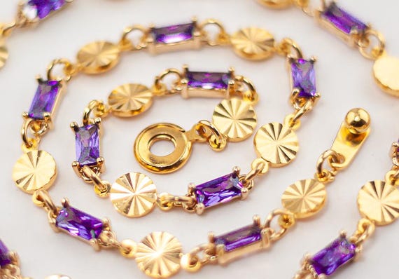 Shimmering Purple Glass & Gold Link Bracelet - Elegant Vintage Style