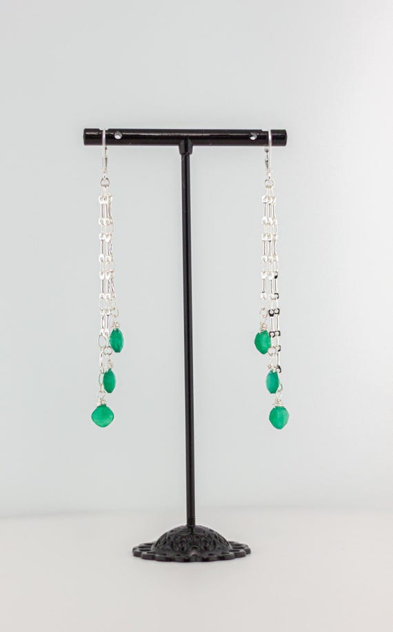 Green Onyx Dangle Earrings: Long Silver Chain, Chandelier Style Gemstone Drops