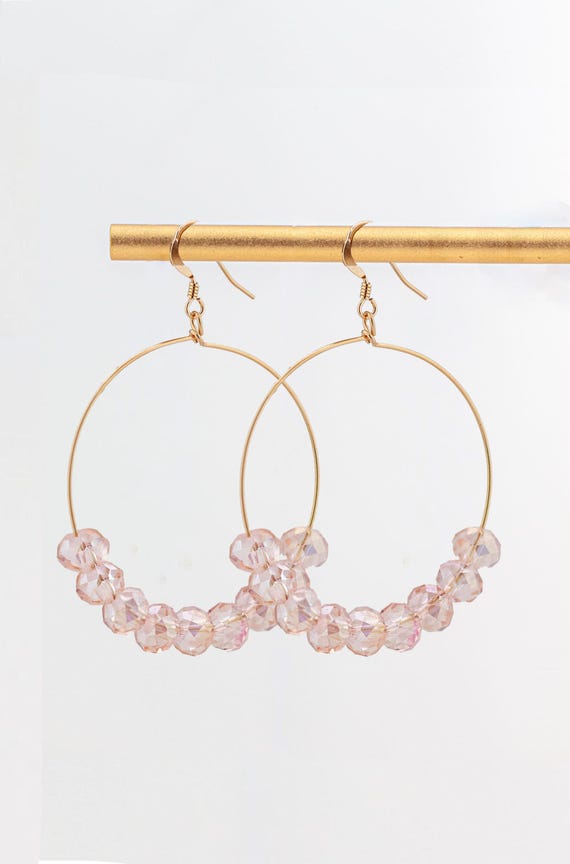 Rose Pink Beaded Gold Hoop Earrings: Boho Chic Statement Jewelry