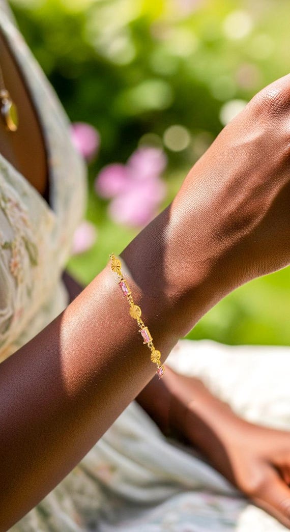 Pink Glass Bracelet: Art Deco Gold Link, Vintage Style