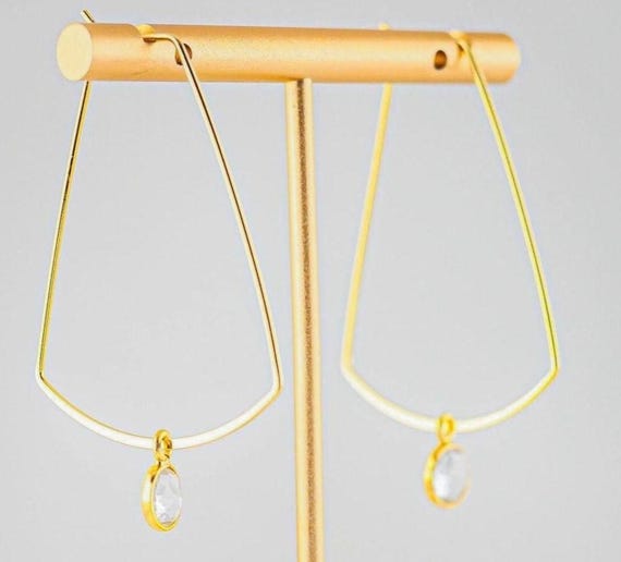 Clear Quartz Crystal Hoop Earrings: Dainty Geometric Gold Hoops - Lightweight Dangles