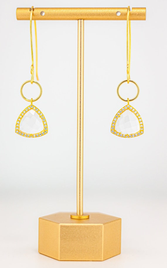 Quartz Crystal Dangle Earrings: Chic Bohemian Gold Statement Earrings with Cubic Zirconia Stones