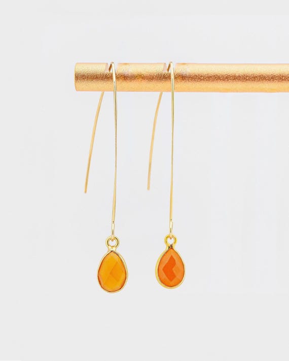 Orange Carnelian Earrings: Minimalist Gold Fishhook Style, Boho Gemstone Drops